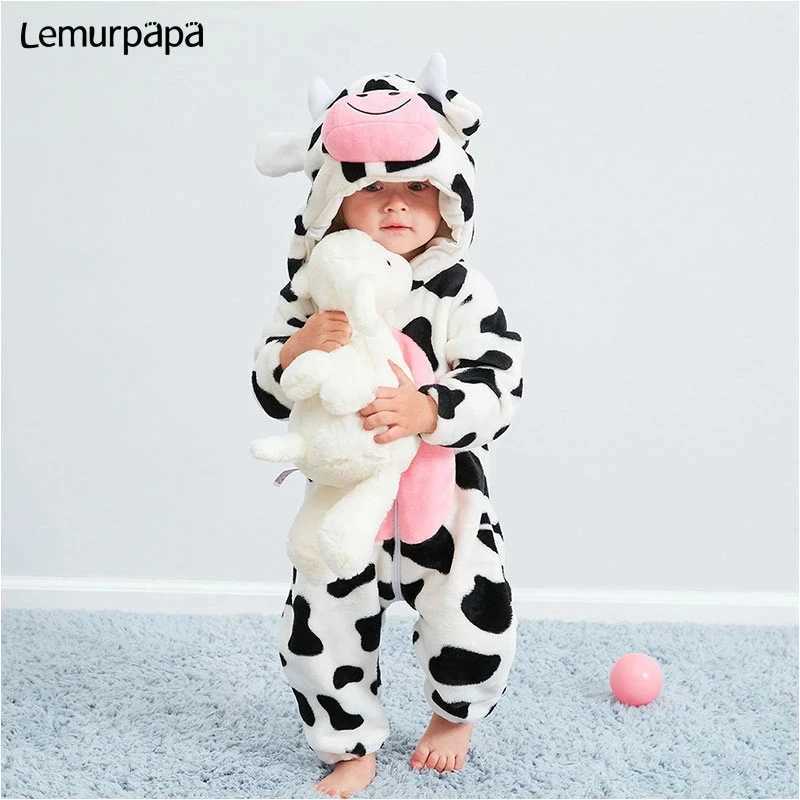 Pajamas 0-4 Year Baby Kawaii Romper Boy Girl Kigurumis Onesie Winter Warm Cozy Suit Animal Cow Costume Home Jumpsuit Child Funny Clothes H241205
