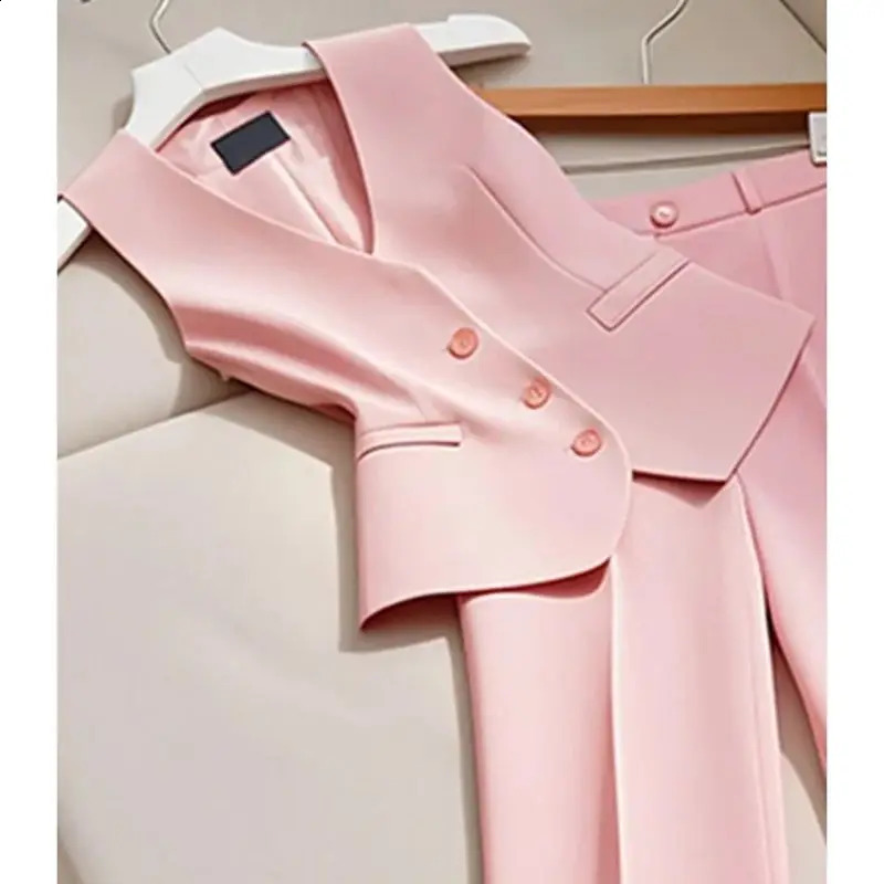 Fashion Office Lady Suit Womens VNeck Single Breasted Blazer Vest High Waist Wide Leg Pants 2Piece Set Formal Outfits 268P 241205