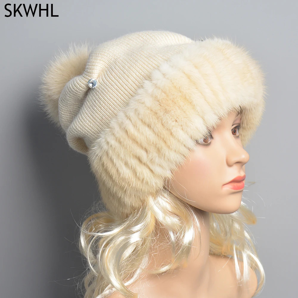 High quality womens winter knitted wool Berend patch work real mink hat natural fox fur Pom Beanie womens fashion 241205