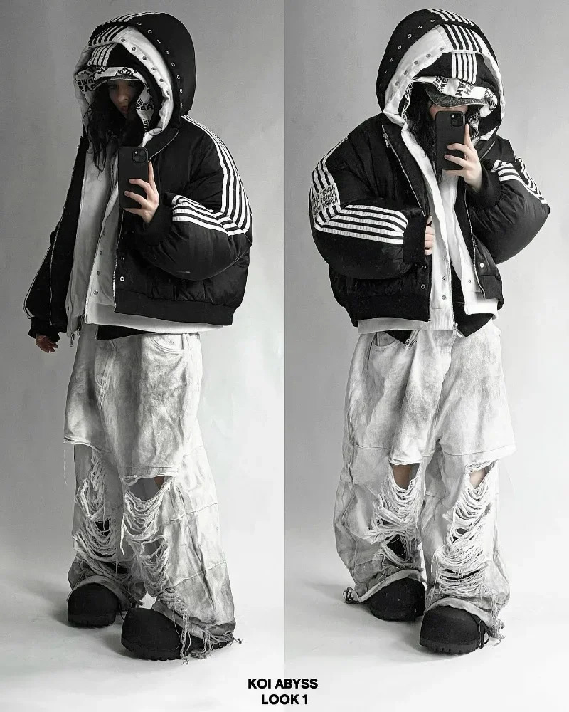 Hip hop trend Harajuku striped loose zipper coat Warm cottonpadded jacket Street fashion personality men winter 241204