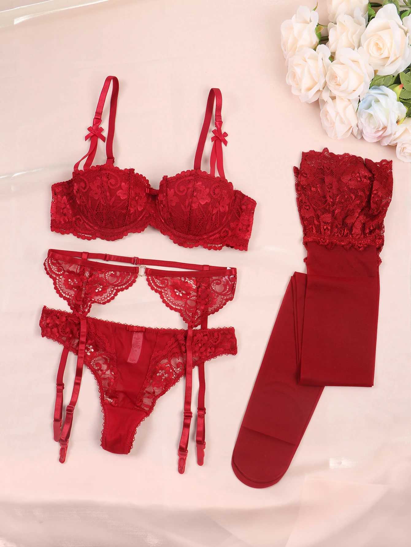 Varsbaby Women Sexy Lace Demi Bra Sets Bra Garter Belt Thong Stockings Plus Size 4 Pieces/Lot Underwear for LadiesXJ241205