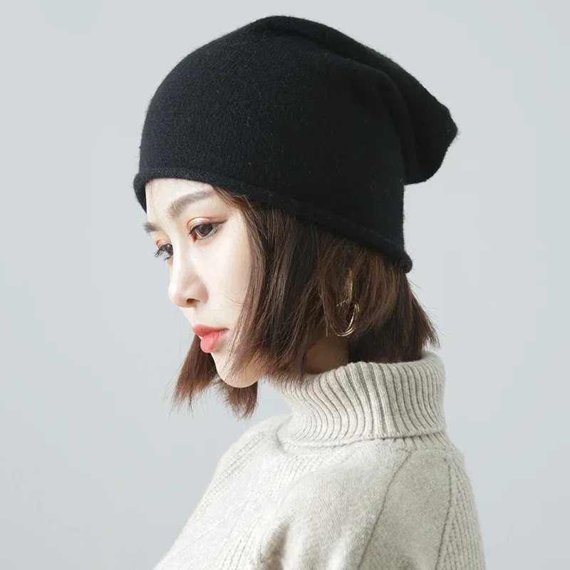 Womens 35% cashmere plain weave knitted smooth bean hat simple solid hat rolled hem soft wool winter spring warm sleep hair cap 241205