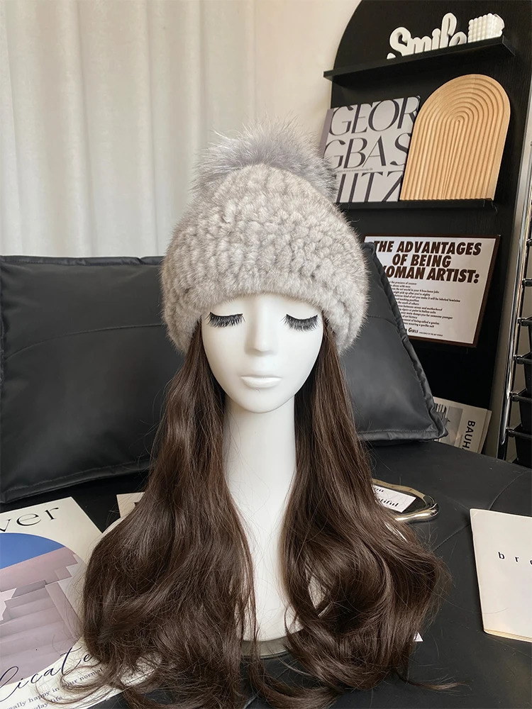 womens winter natural mink fur hat knitted real mink fox fur ball hat womens warm bear hat 241205