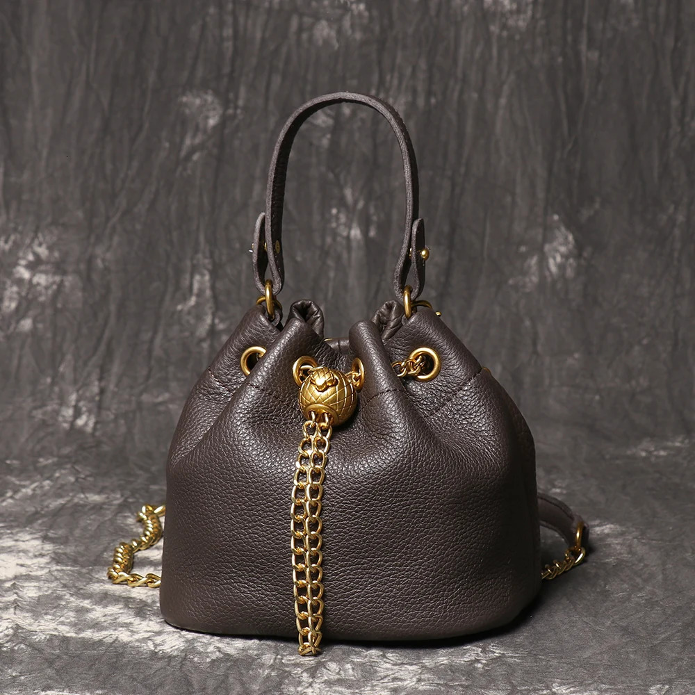 LUOKIR Metal Drawstring Versatile Womens Handbag Genuine Leather Chain Crossbody Bag Vintage Bucket Mobile Phone 241204