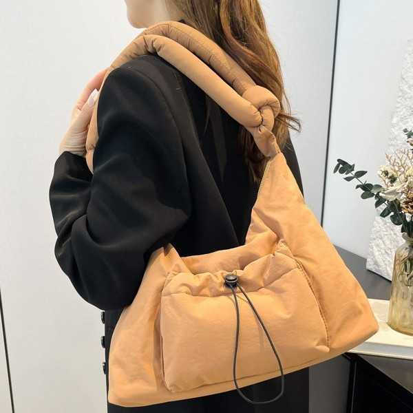 Casual nylon fabric single shoulder crossbody bag women, cotton clip, knottable shoulder strap handbag, cotton filled drawstring tote bag 241215