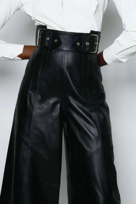Casual Loose Leather Pant High Waist Wide Legs Solid Pocket Flare Female 2025 Autumn Fashion Belt Streetwears Lady 241205