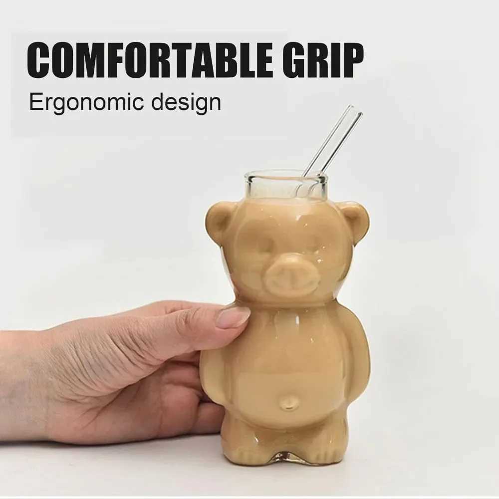 320ML Creative Cute Bear Coffee Mug with Straw Transparent Cup Beer Milk Coffee Water Cups Wholesale Glass Drinkware Mug SetXJ241205