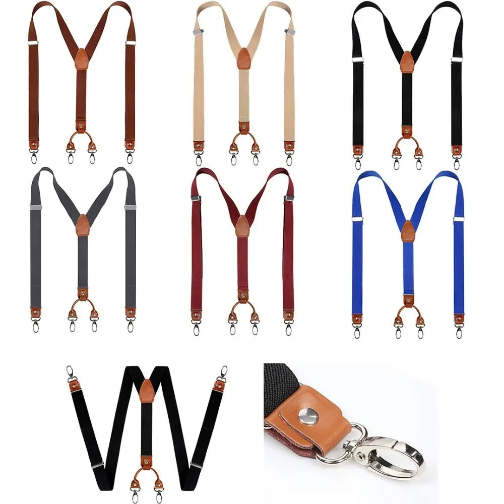 Cowhide Leather Suspenders 25cm Width 4 Hooks MenWomen Suspender Y Back Adjustable Retro Elastic Trouser Braces 241122