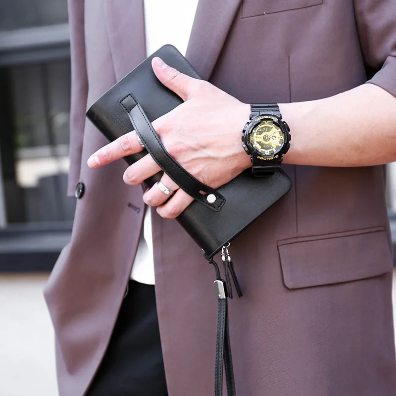 KANGAROO Men Clutch Bag Fashion Leather Long Purse Double Zipper Business Wallet Black Brown Male Casual Handy 241204