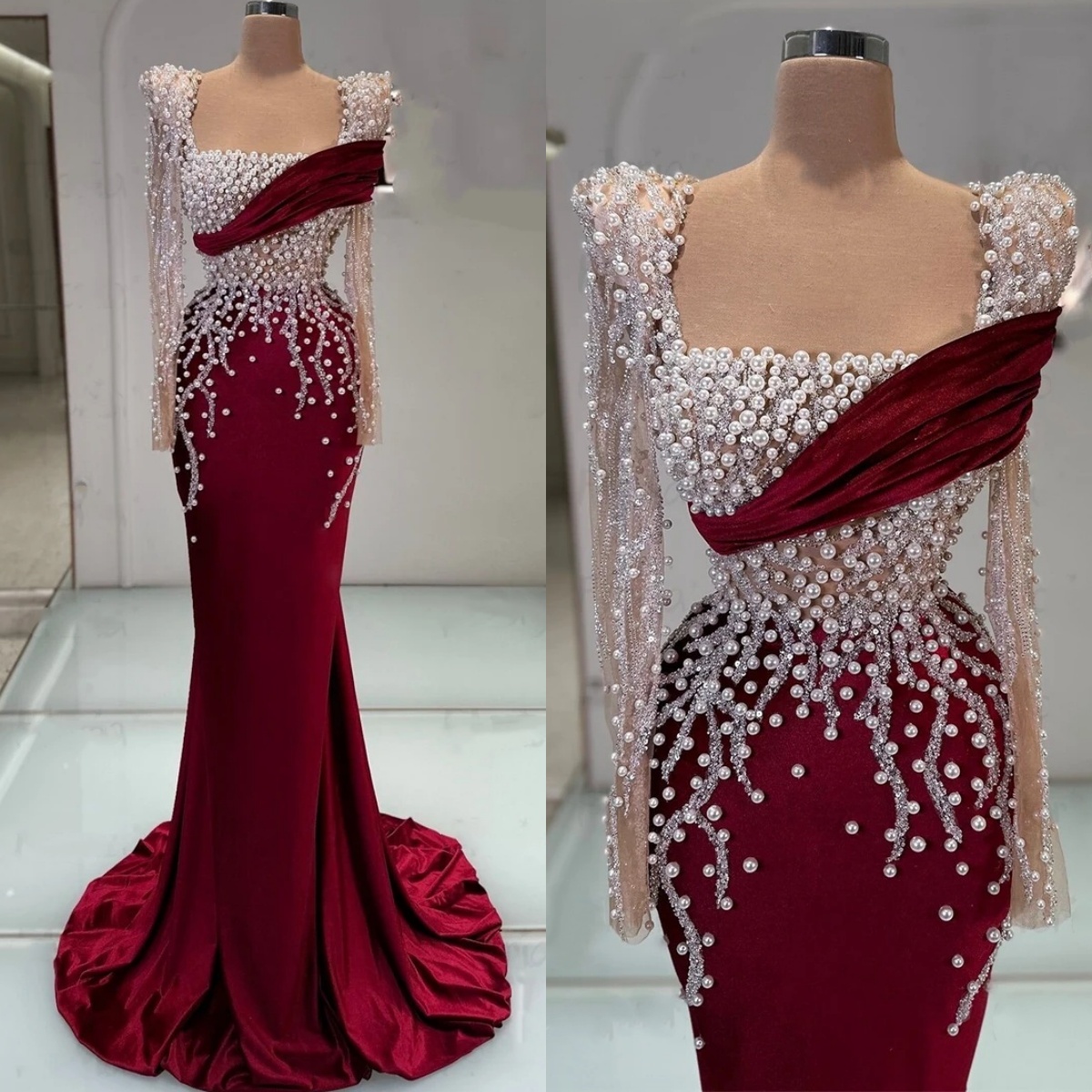 Vintage Pearls Evening Dresses Sequins Square Neck Prom Gown Long Sleeves Sweep Train Elegant Party Dress Customized Vestidos de noche