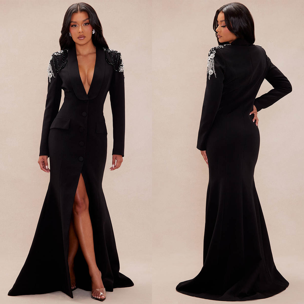 Crystal Women Suits Beading V Neck Single Breasted Long Blazer Ladies Outfits Party Birthday Prom One Piece Set Wedding Party
