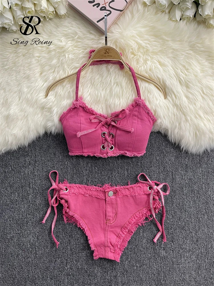 SINGREINY Retro Women Bikini Denim Suits Summer Halter Camis Mini Pant Lingerie Fashion Vacation Swimsuits Sexy Bra Briefs Sets 241205