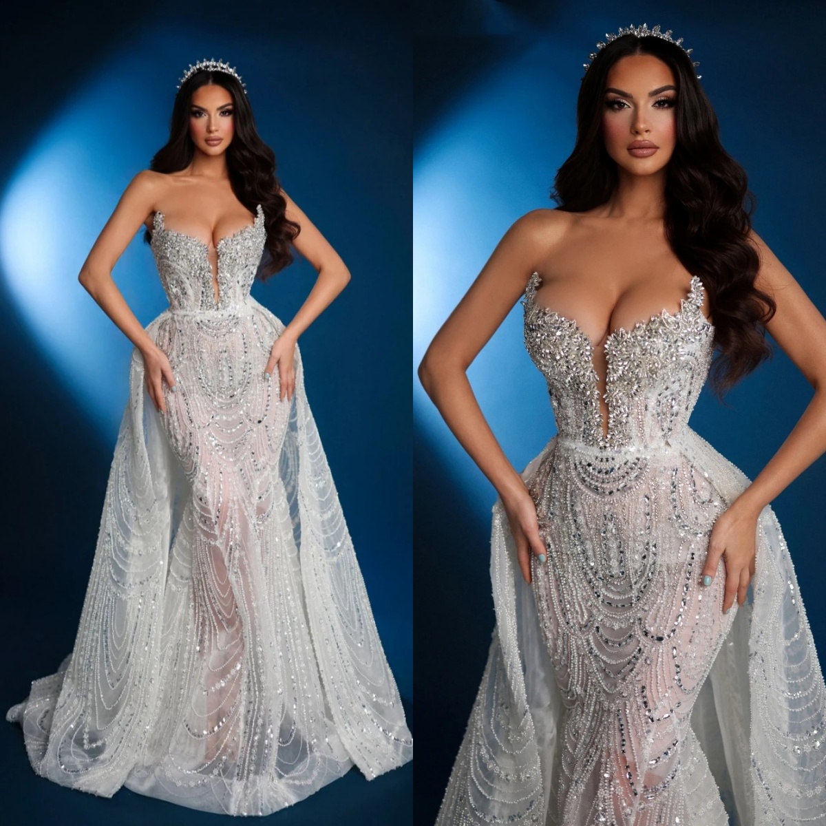 New Shiny Hand-sewn Beads Rhies Bride Robe Detachable Train Wedding Dress Customized illusion Bridal Gown vestidos de novia