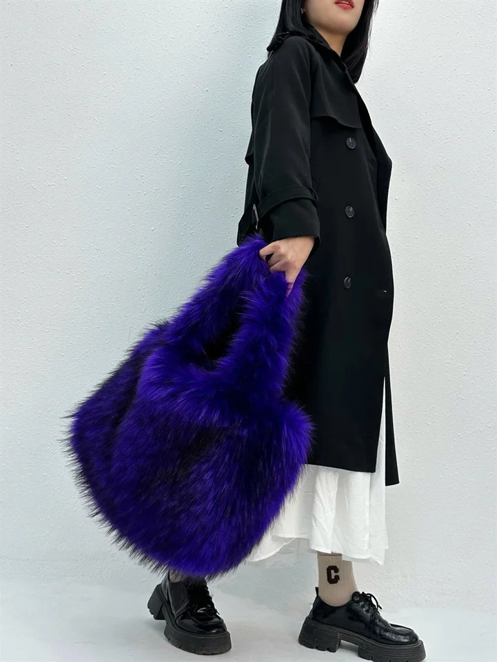 Fashionable large handbag faux fur womens handbag er womens handbag fluffy soft plush shopping bag warm winter Sac 241205