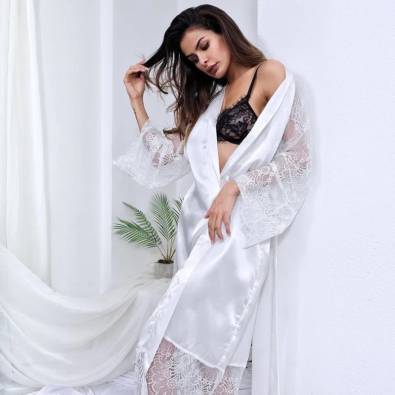 Sexy Wedding Dressing Gown Women Long Satin Bride Robes Lace Silk Kimono Bathrobe Bridesmaid Nightwear See Through Sleepwear 241204