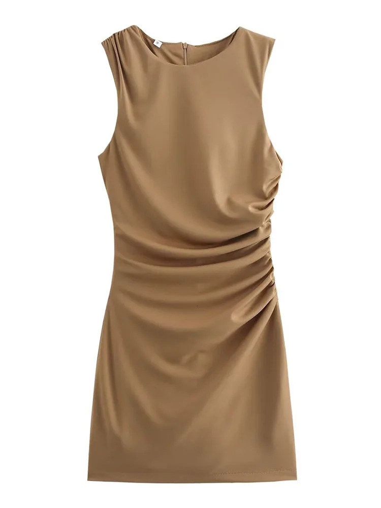 TRAF Elegant Women Solid Pleated Mini Dress Fashion O-neck Sleevless Slim FolEvening Party Dress Vintage Chic Causal Folds Dress 241205