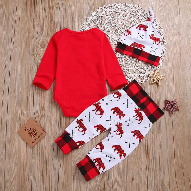 Lovely Baby Boy My First Christmas Letter Romper Kids Pant Newborn Hat Boys Outfits Girl Xmas Set Autumn Clothing 2PCS SetXJ241205