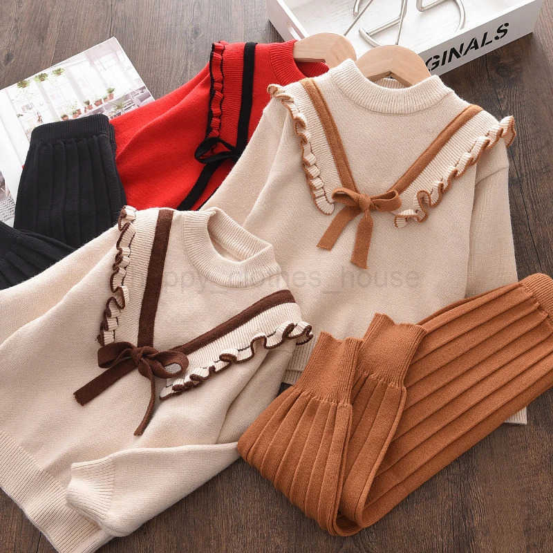 Bear Leader Baby Girls Autumn Winter Fashion Bow Knitted Thick Clothes Sets Kids Long Sleeve Sweater Pants Set Baby Girl OutfitXJ241205