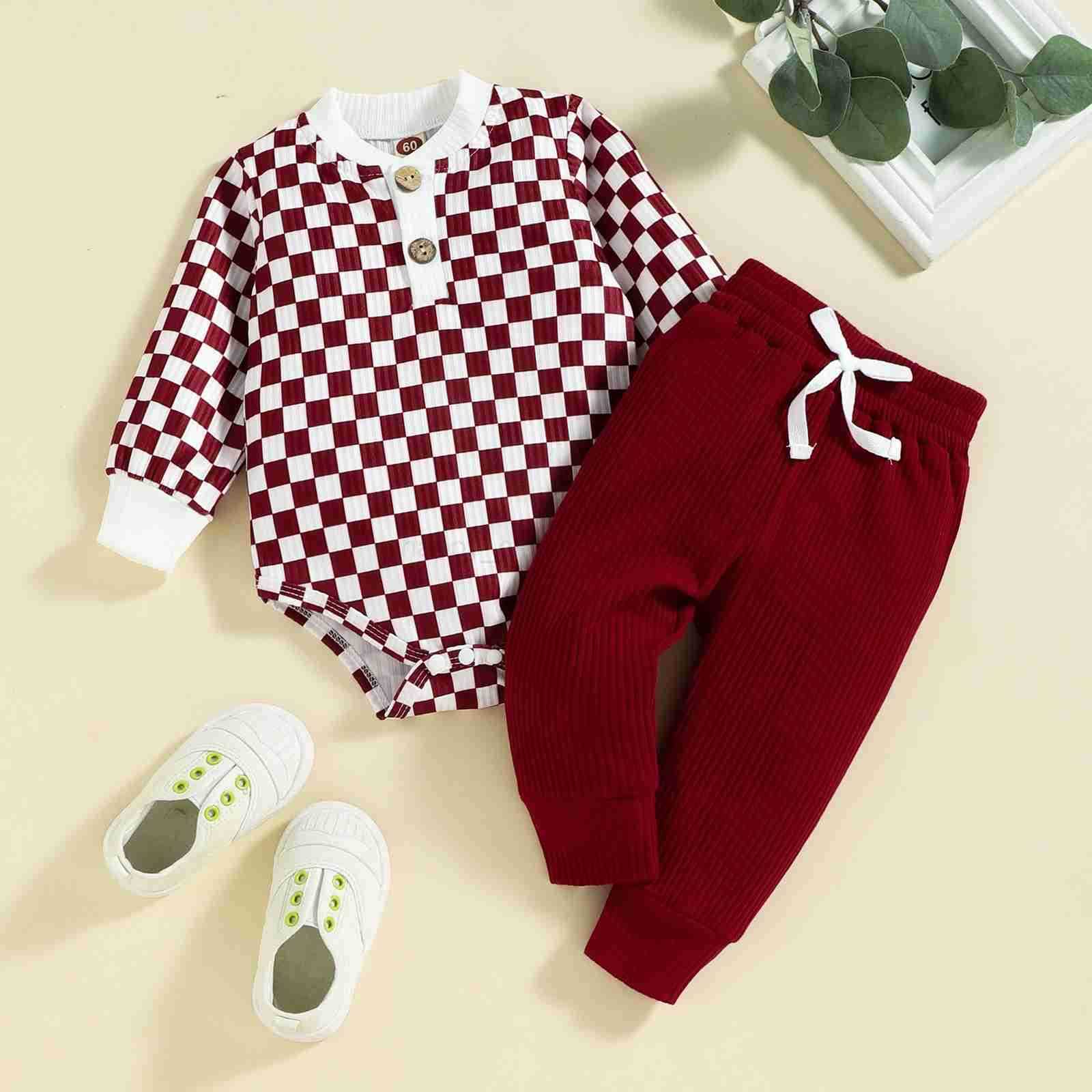 2PCS Autumn Boys And Babies Aged 0-2 Years Old Casual Fashionable Checkerboard Long-Sleeved Top + Solid Color Pants SetXJ241205