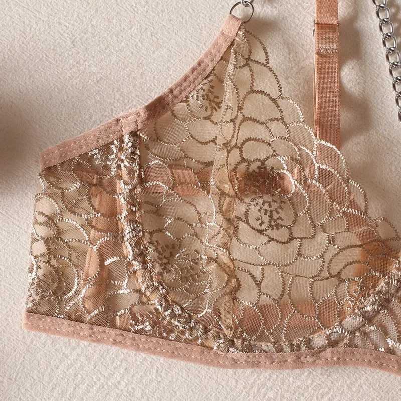 Bra + Panties + Garter + HemlineNew Lace Transparent Push Up Lingerie Sets For Women Sexy Sleep Hollow Out Chain UnderwearXJ241205