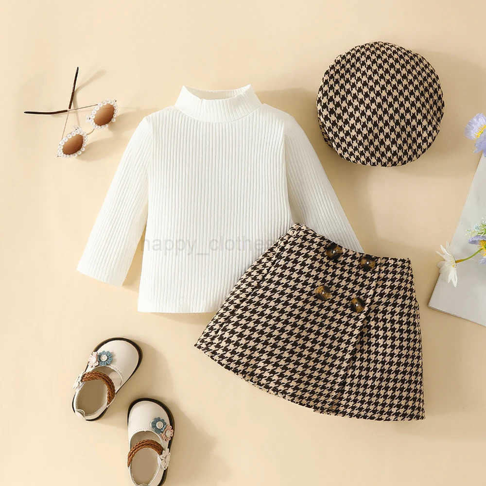 Autumn Baby Girls Clothes Set 0-3 Y Turtleneck Solid Color Top Plaid Skirt and Beret 3Pcs Toddler Christmas Clothes Girls OutfitXJ241205