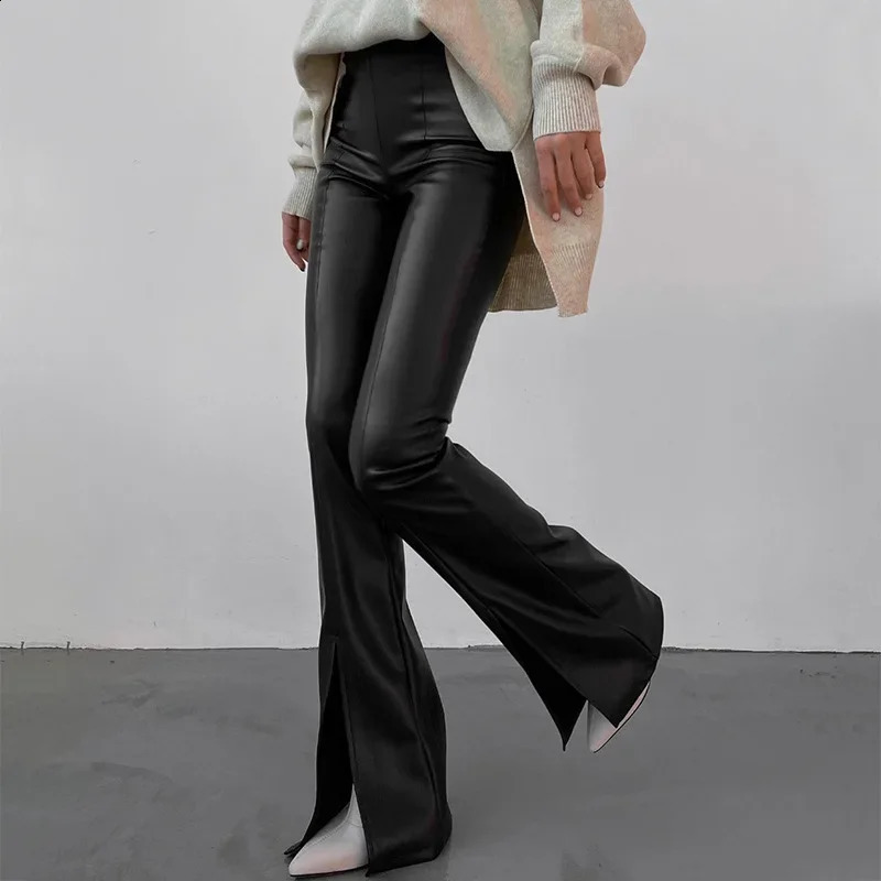 Autumnwinter Pu Leather White Split Open Flared Pants Sexy Tight Micro Flare Leggings Wholesale Agency 241205Z
