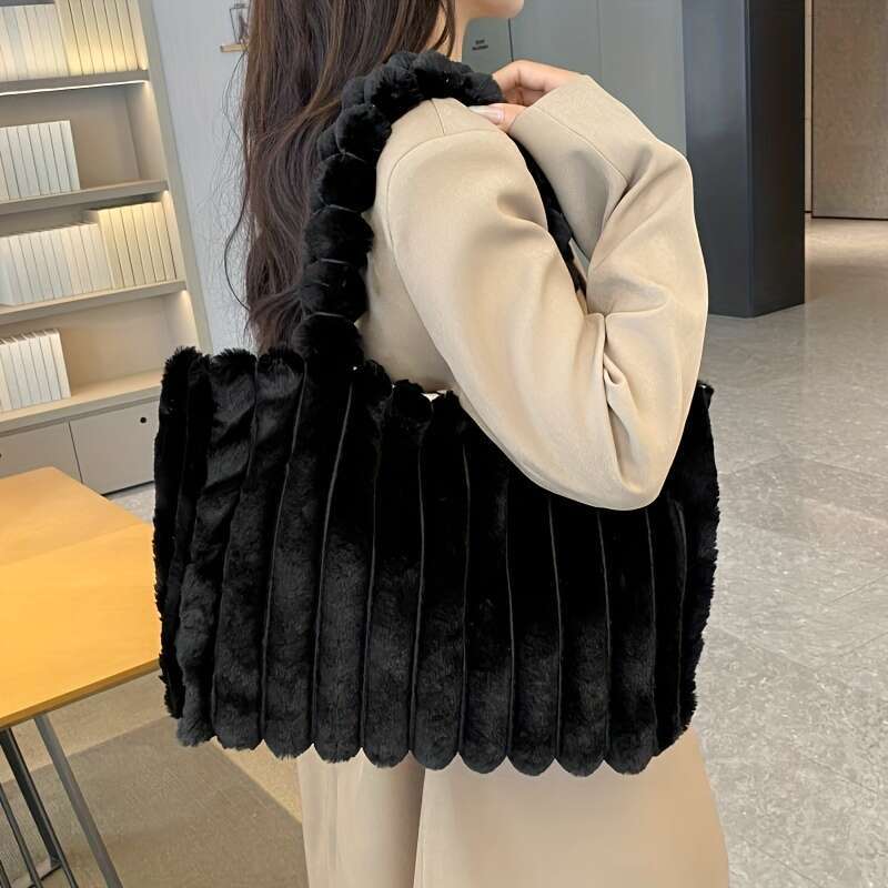 urious Solid Color Fluffy Plush Tote Bag Spacious, Lightweight, Handheld or Shoulder-Worn - Perfect for Autumn, Winter, Travel, Vacations, Shopping, a
