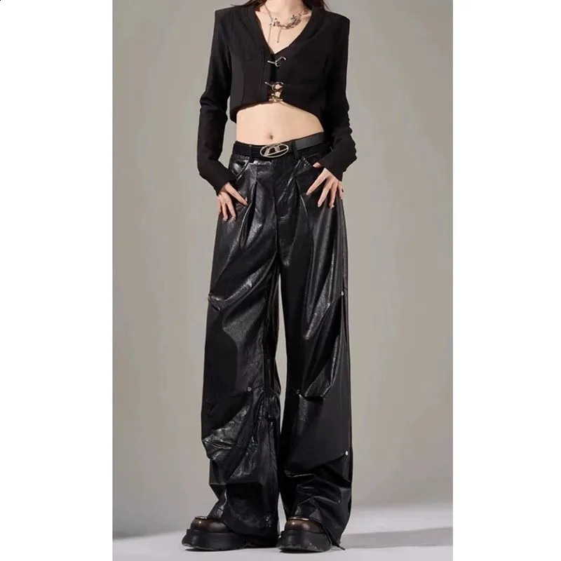 Trendy Autumn American Retro Oversize Leather Pants for Women Loose and Slim with Wrinkle n Straight Leg Wide 241205