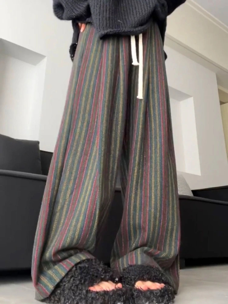 2024 Vertical Stripe Wide Leg Trousers Casual Harajuku Women Drawstring Pants Vintage Y2k Aesthetic Grunge Loose Pocket Pantalon 241204
