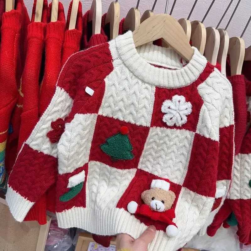 Childrens Red Checkered Sweater New Year Greetings Autumn and Winter Christmas Knitted Sweater Winter Warm Bottom Pants W241205