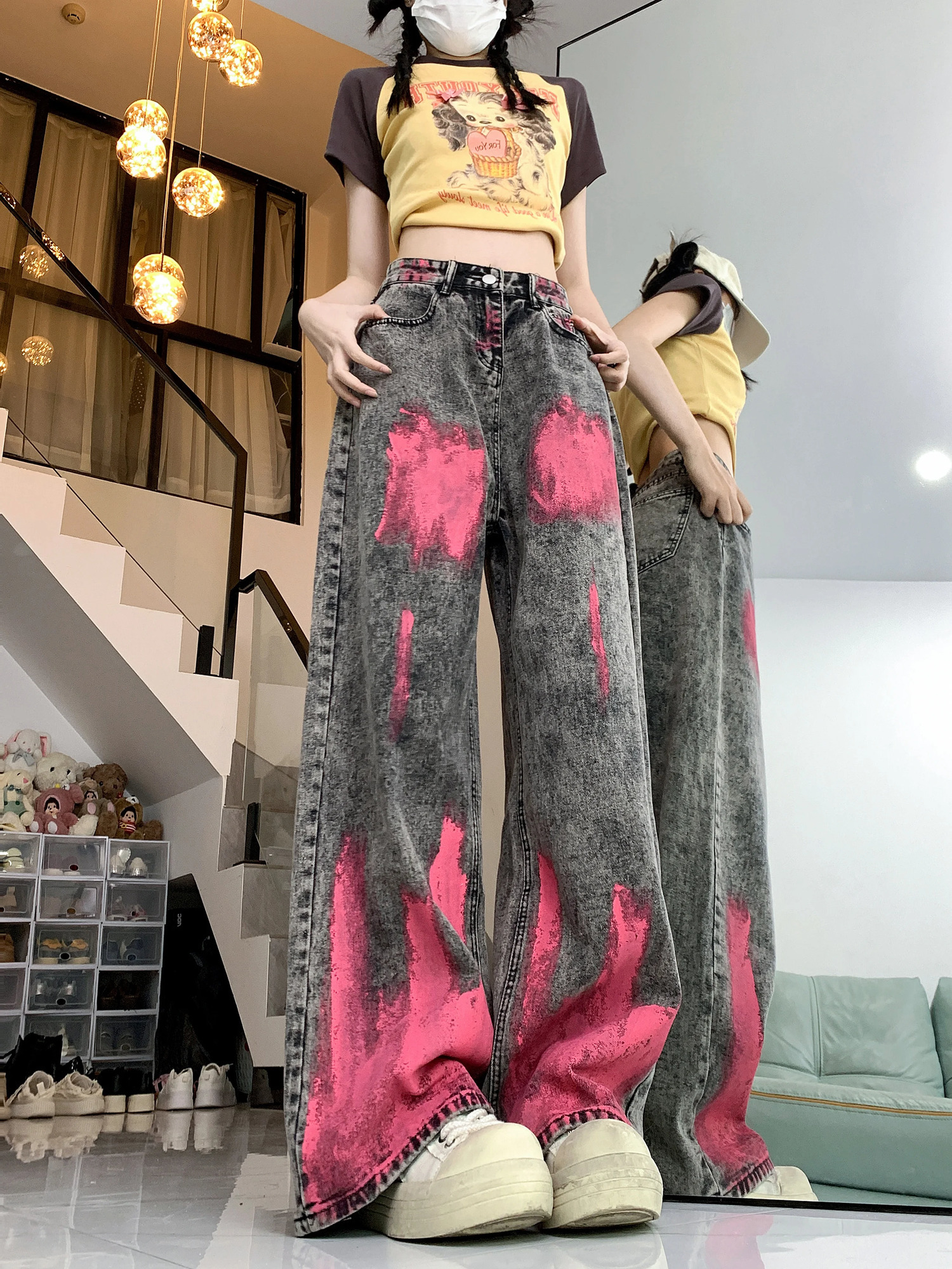 American High Street Graffiti Y2k Jeans Personality Vintage Wide Leg Pants Women Summer Hip-hop Jeans for Women 241204