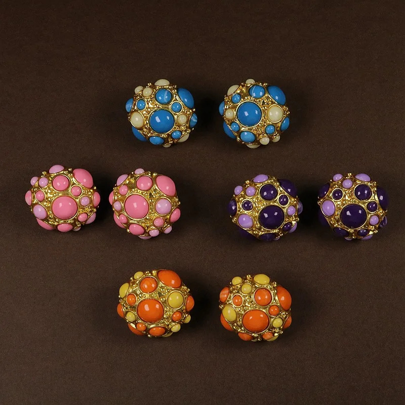 Court Style Antique Gold Plated Earrings French Vintage Jelly Red Light Green Glass Gold Earclip 241205