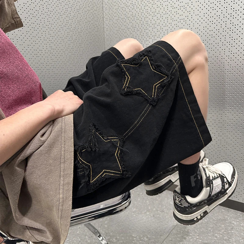 Men Vintage Summer Star Patchwork Denim Shorts Plus Size Drawstring Baggy Sweatshorts Male Y2k High Waist Chic Shorts Streetwear 241205