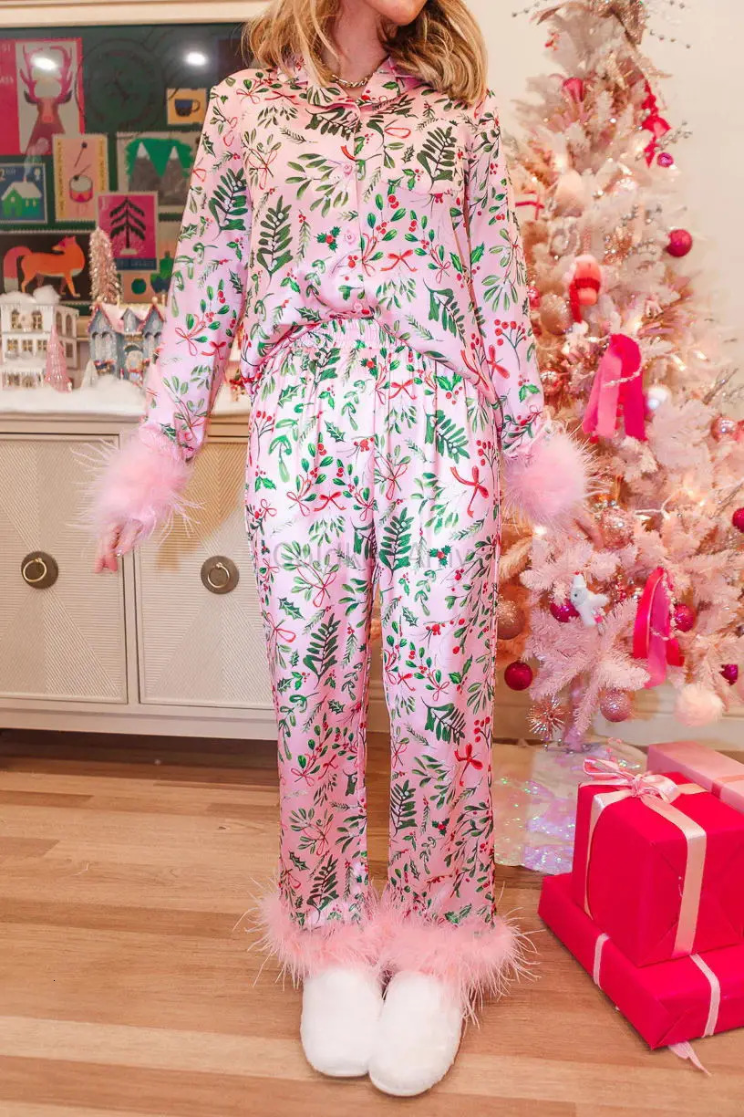 Womens Christmas Pajama Set Long Sleeve Button Down Decorative Shirt Matching Pants 2-piece Lounge Set 241204