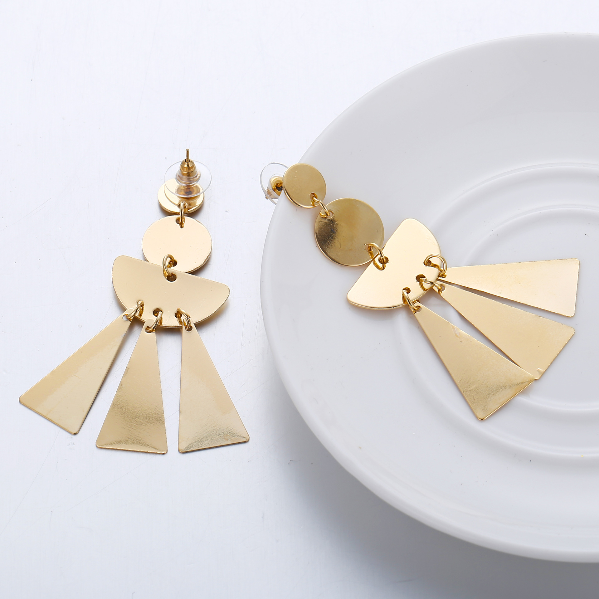 Europe and the United States cross-border new tassel earrings creative retro simple triangle metal round piece earrings