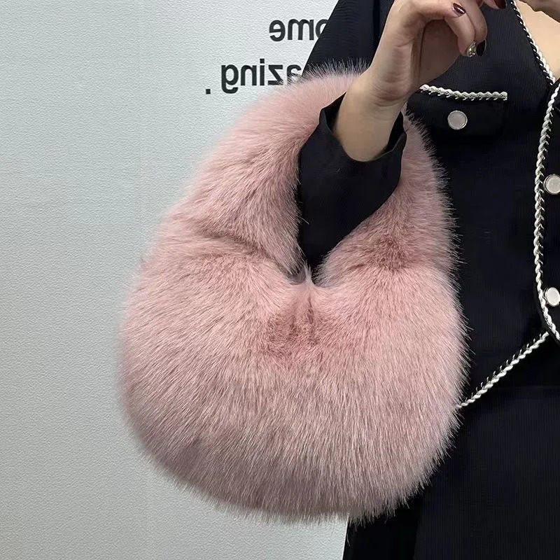 fur womens half moon bag warm plush wrist bag womens fashionable fur short handle clutch cute womens coin wallet 241205