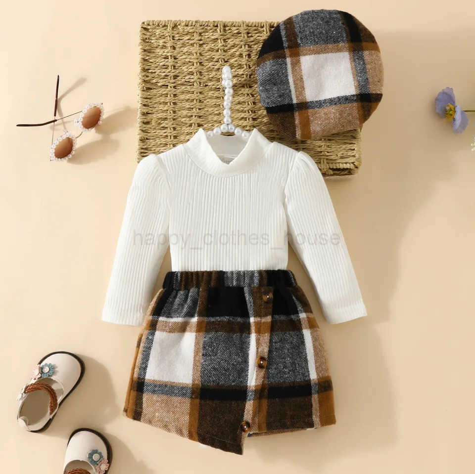 Infant Spring Autumn Long Sleeve Top andDress Set 6-18months Baby Girl Solid ColorTop Houndstooth Half Skirt BeretXJ241205