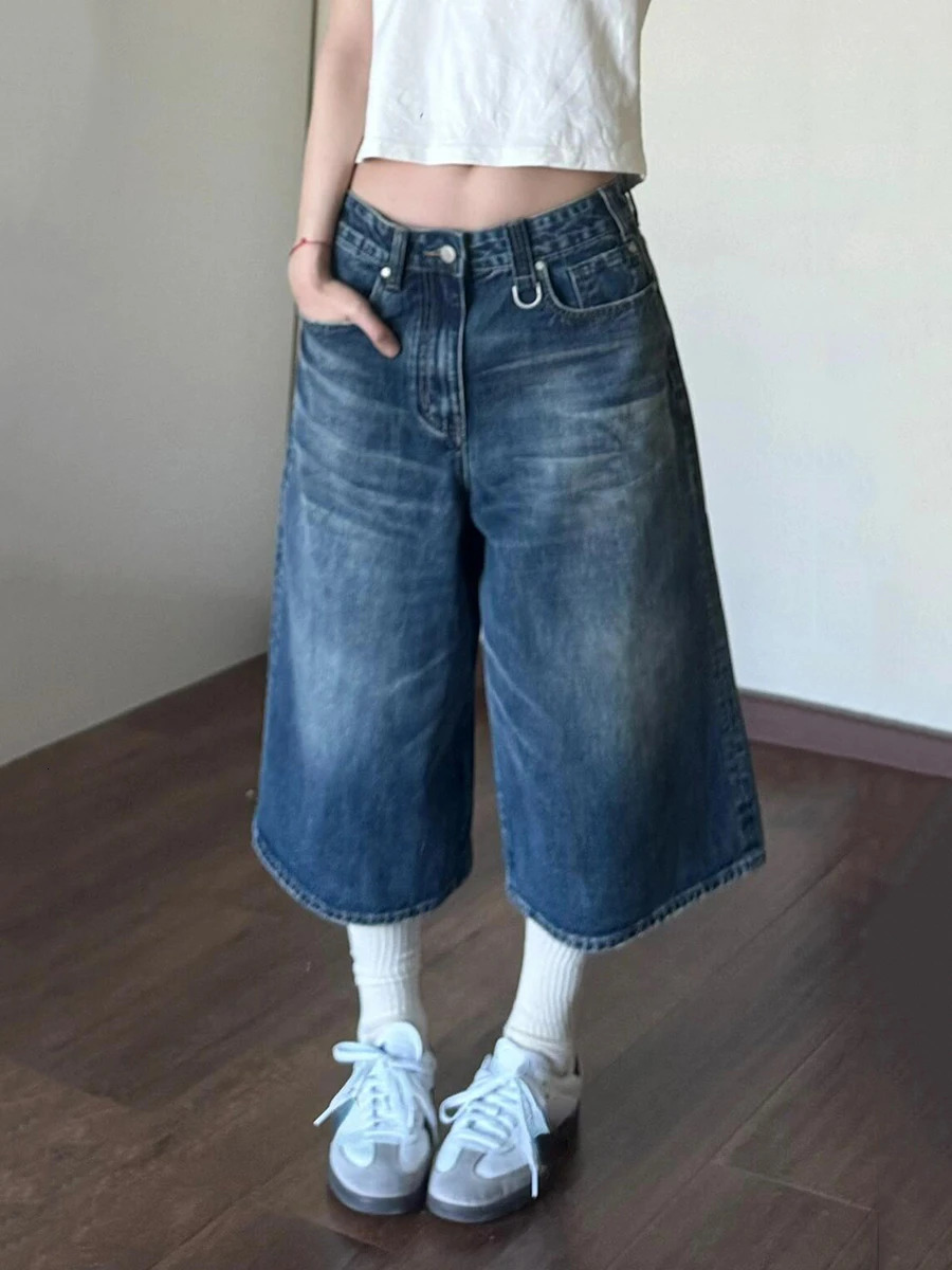 2024 Vintage Wash Whiskers Denim Shorts Women Low Rise Distressed Frayed Wide Leg Baggy Jeans Jorts Casual Summer Clothes 241204