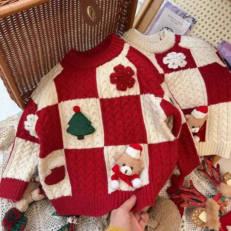 Childrens Red Checkered Sweater New Year Greetings Autumn and Winter Christmas Knitted Sweater Winter Warm Bottom Pants W241205