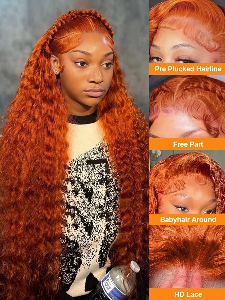 200 Density 350 Ginger Deep 30 32 40 Inch 13X4 Front Wig Orange Curly 13X6 Human Hair Lace Frontal Wigs Water Wave HD