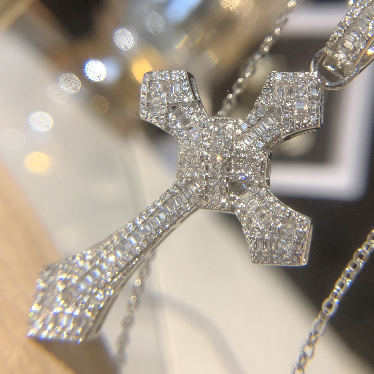 Rulalei Brand Cross Pendant Hip Hop Jewelry Sterling Sier Gold Fill Princess Cut White 5A Cubic Zircon CZ Dia Women Wedding Clavicle Necklace Gift