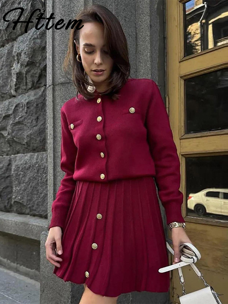 Elegant Button Coat Mini Skirt Women Set Slim Bury Red O-Neck Single Breasted Top Skirts Sets 2024 Autumn New Lady Outfits
