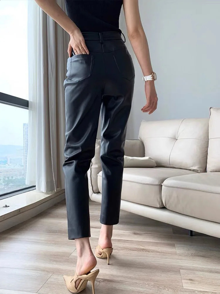 Streetwear Women Pants 2024 Korean Fashion Genuine Leather Pant High Waist Trousers Quality 241205