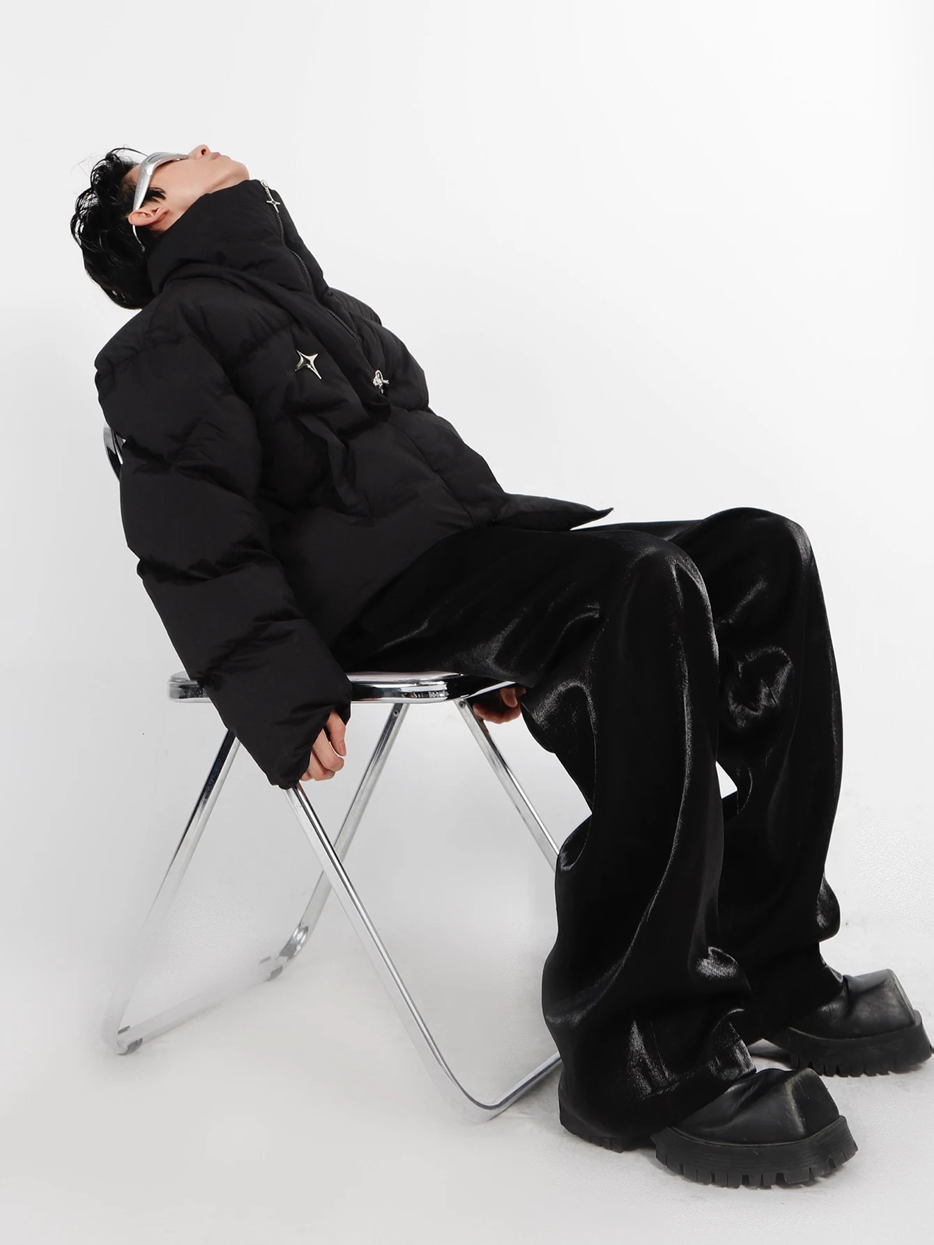 ReddaChic Star Pin Asymmetric Down Jacket Mens Black Cut Quilted Coat Turtle Neck Thick Warm Puff Y2k Grunge Street Wear 241202