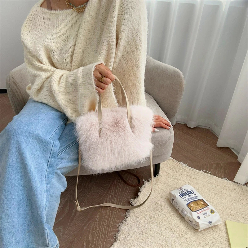 faux fur womens square shoulder bag winter fluffy womens horizontal bag soft fur leather plush womens small handbag 241205