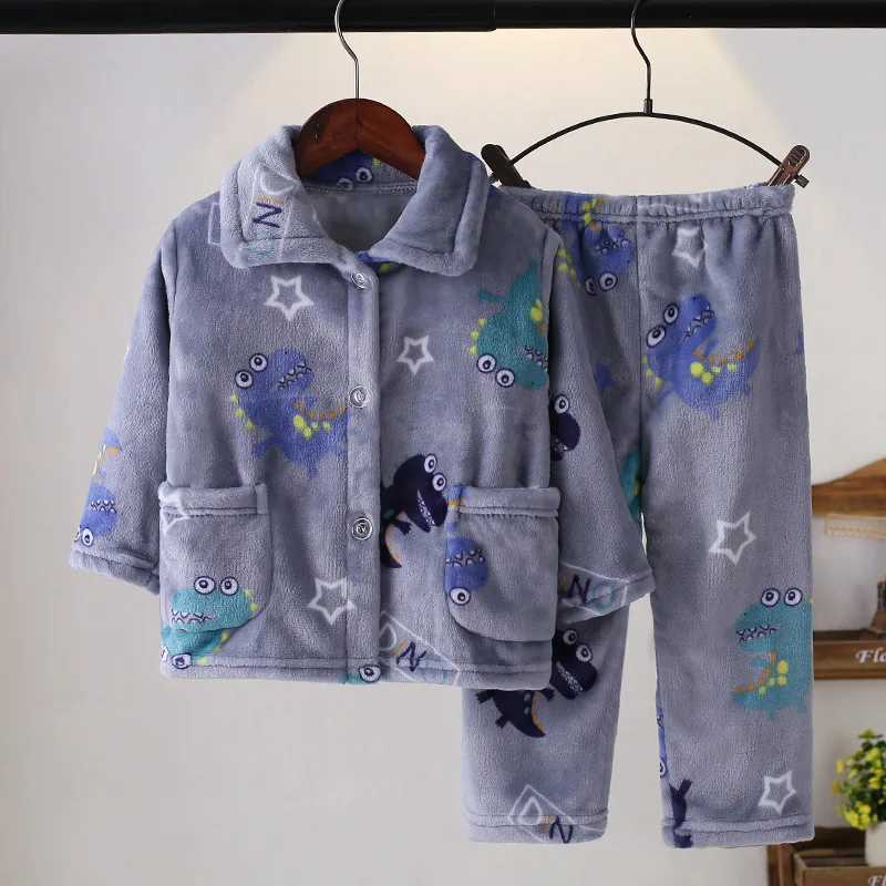 Pajamas Thickened Warm Children Pajamas Autumn Winter Flannel Girls Home Wear Set Boys Long-Sleeved Cardigan Sleepwear Boys Small Medium H241205