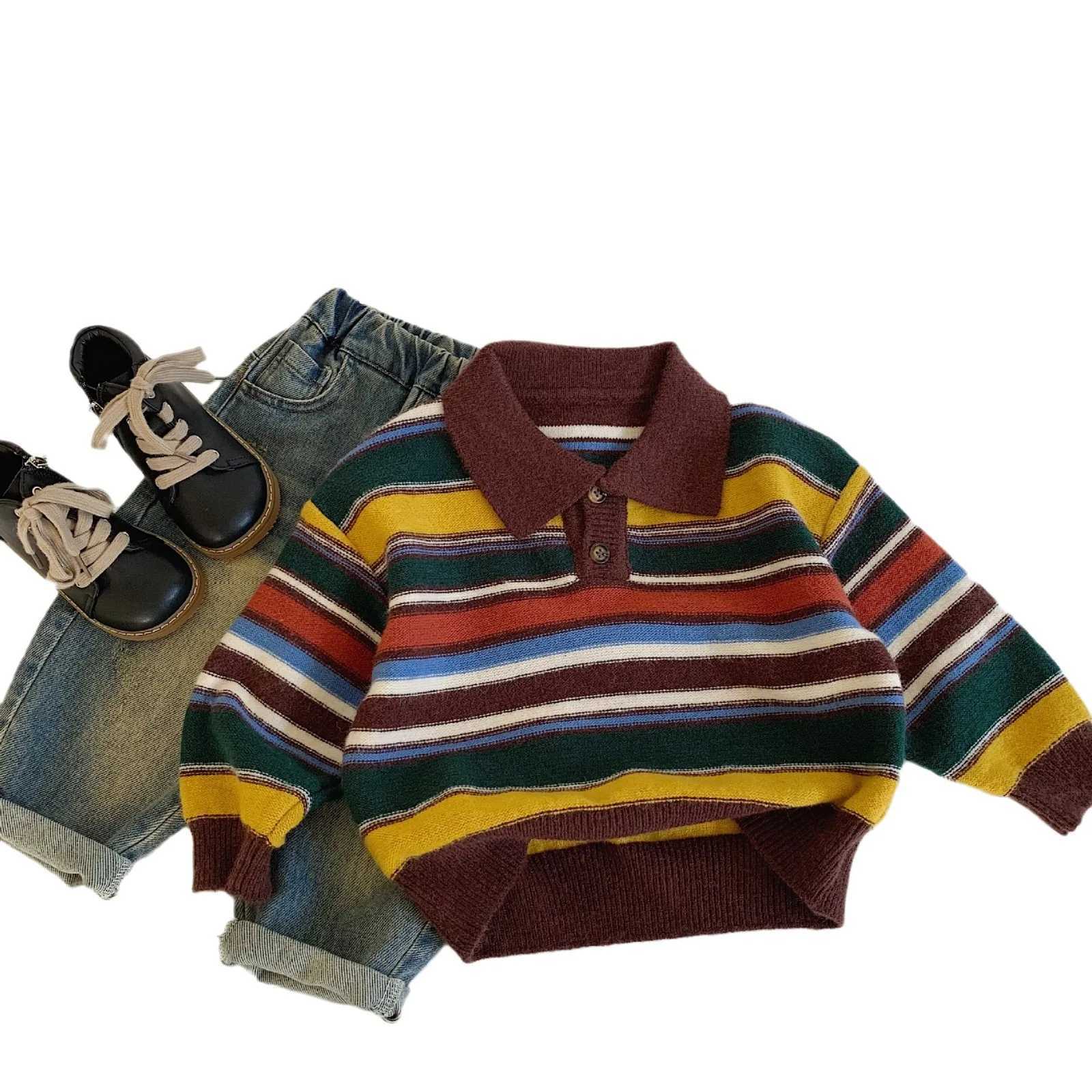 Childrens clothing childrens sweaters 2024 autumn new color striped sweaters loose long sleeved fashionable sweaters for boys and girls W241205