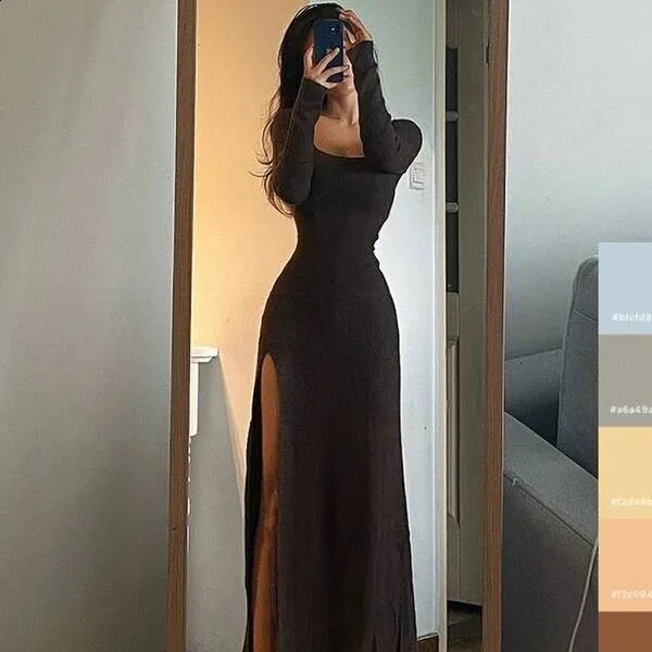 Autumn Vestidos De Mujer Y2k Dress Womens Clothing Long Sleeve Split Tuned Robe Womens Casual Fashion Bodycon Maxi Dress 241205