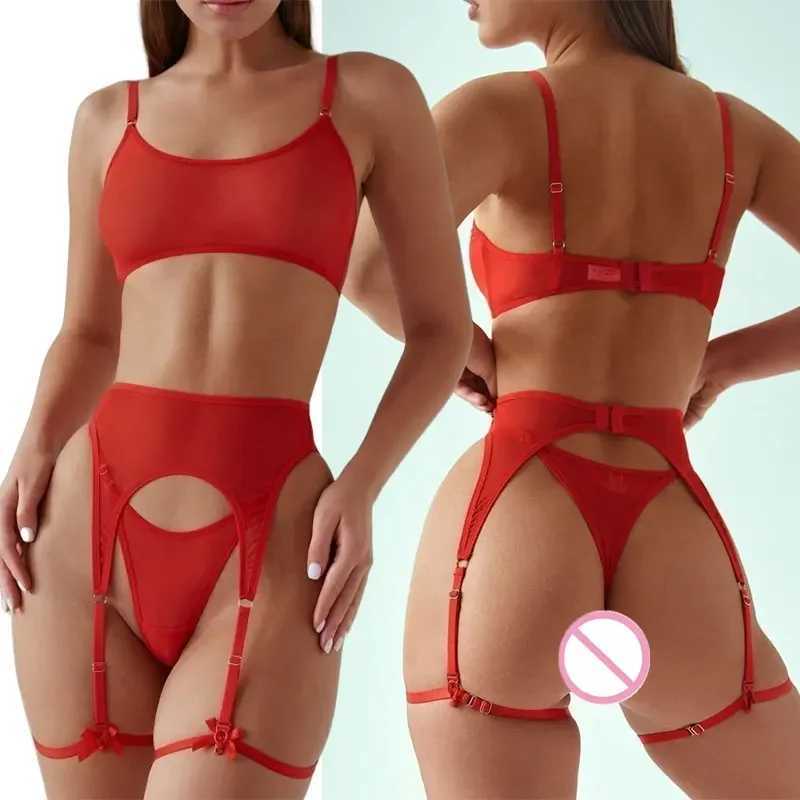 Women Transparent Bra Set Hot Erotic Sexy Costumes Solid Color Underwear Seamless Bra Thong Garters Sexy Lingerie SetsXJ241205