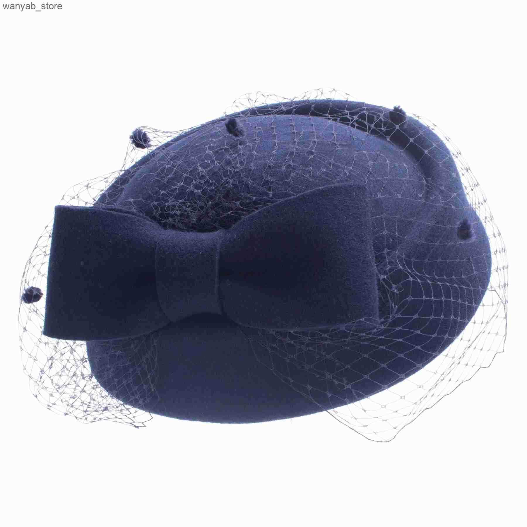 Cloches Womens winter pillow box hat retro style wool felt charming bow veil wedding party church hat A080 L240910
